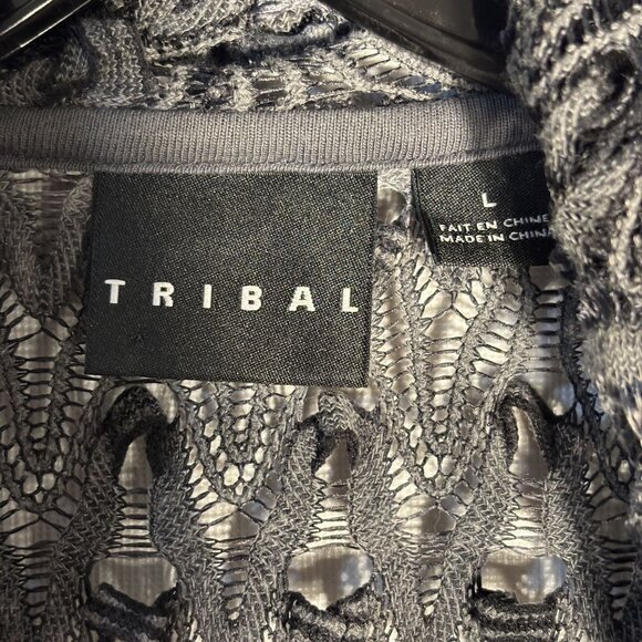 Crinkled Open Front Cardigan By Tribal Large Gray Textured Knit Lightweight Laye - Picture 4 of 5